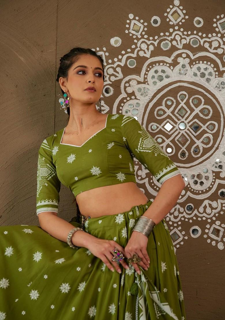 Green Embellished Blended Lehenga Choli