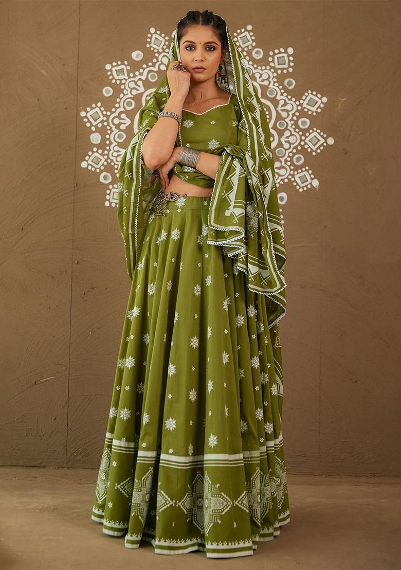Green Embellished Blended Lehenga Choli