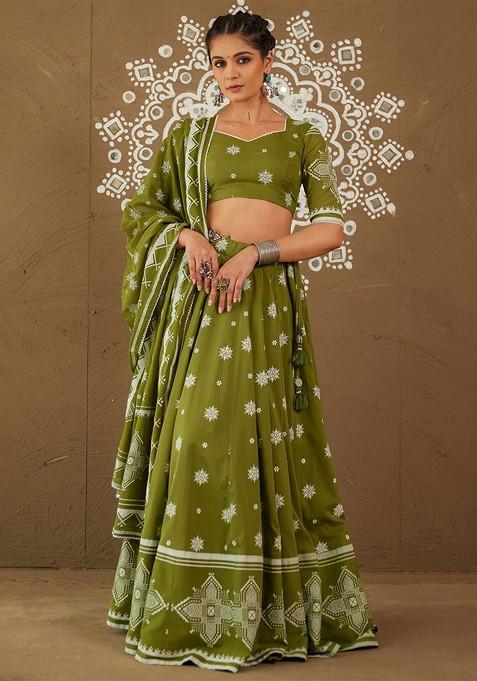 Green Embellished Blended Lehenga Choli