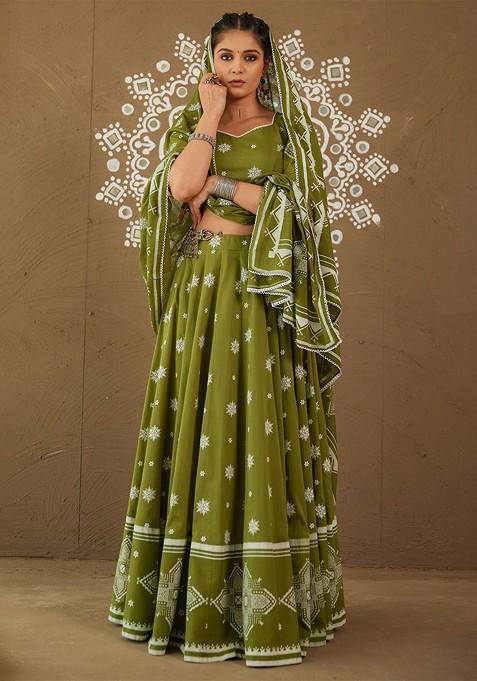 Green Embellished Blended Lehenga Choli