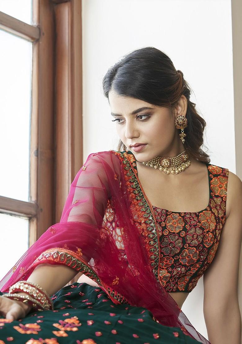 Green Emboridered Blended Lehenga Choli - Indya