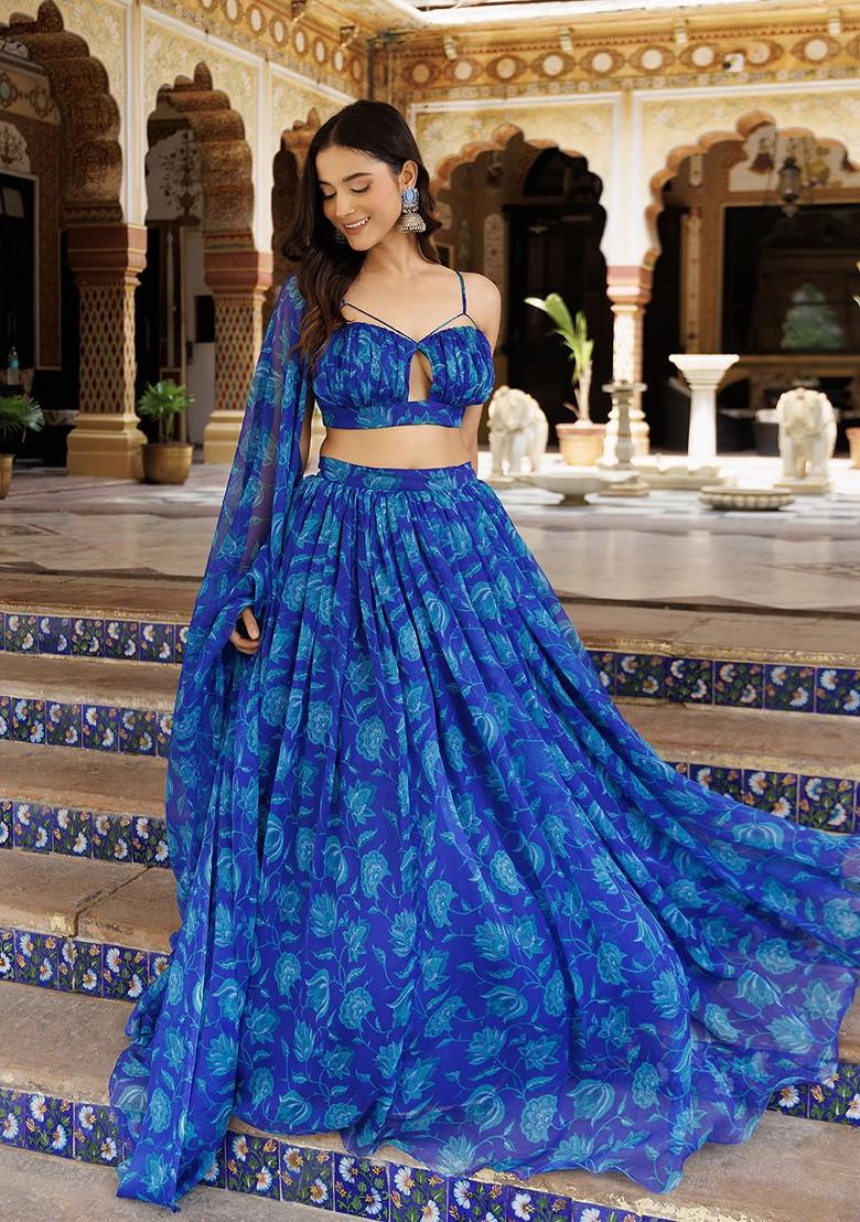 Blue Printed Blended Lehenga Choli - Indya