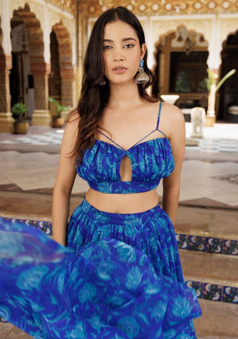 Blue Printed Blended Lehenga Choli - Indya