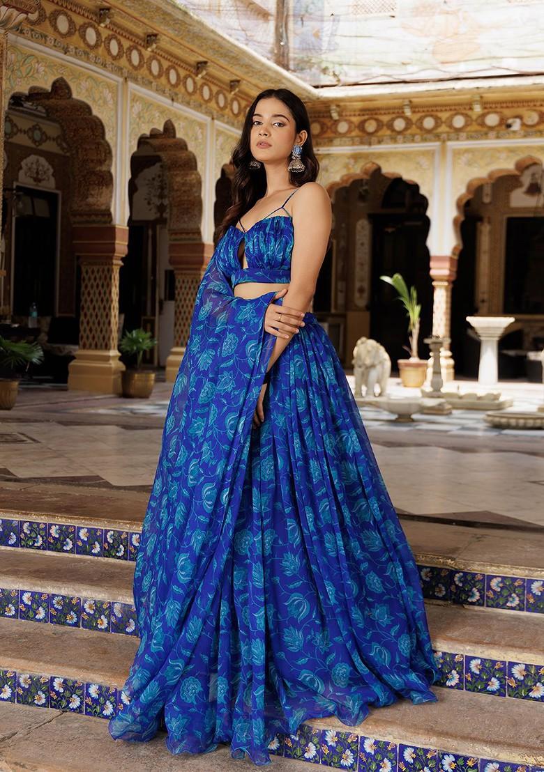 Blue Printed Blended Lehenga Choli - Indya