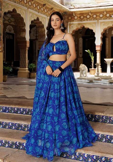 Blue Printed Blended Lehenga Choli