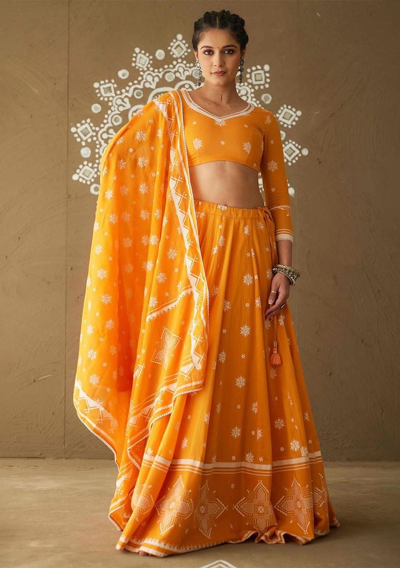 Yellow Printed Blended Lehenga Choli