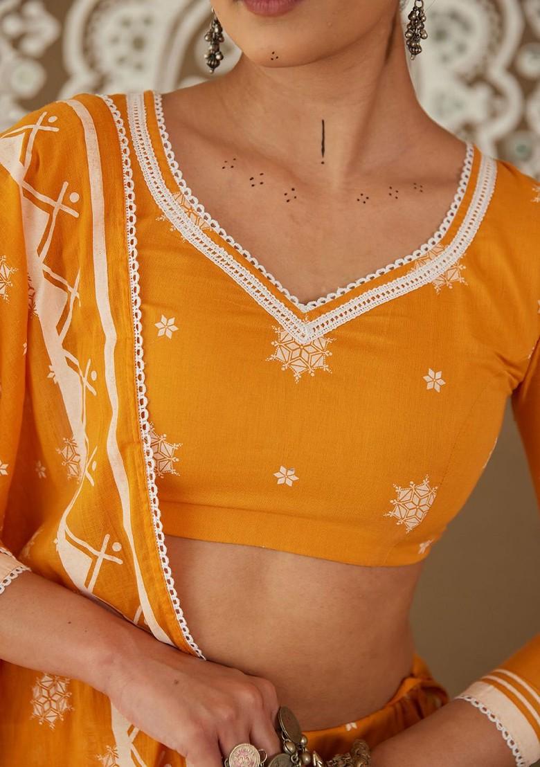 Yellow Printed Blended Lehenga Choli