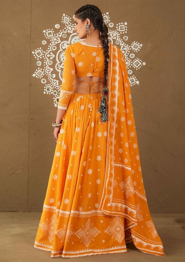 Yellow Printed Blended Lehenga Choli
