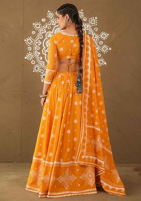 Yellow Printed Blended Lehenga Choli