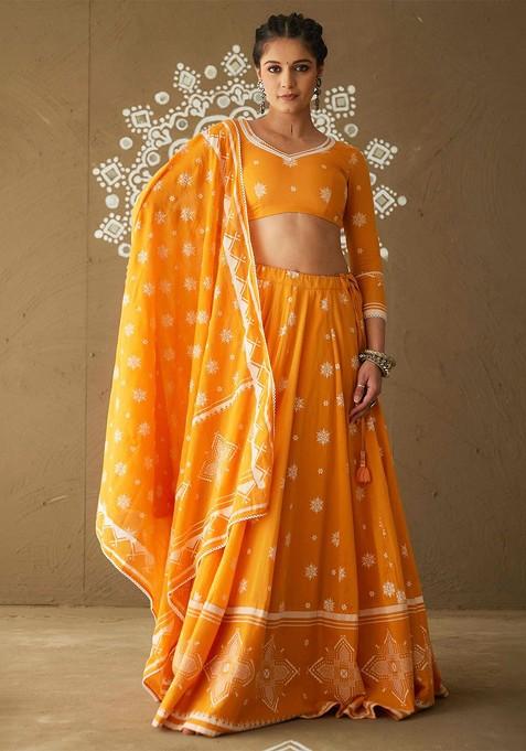 Yellow Printed Blended Lehenga Choli