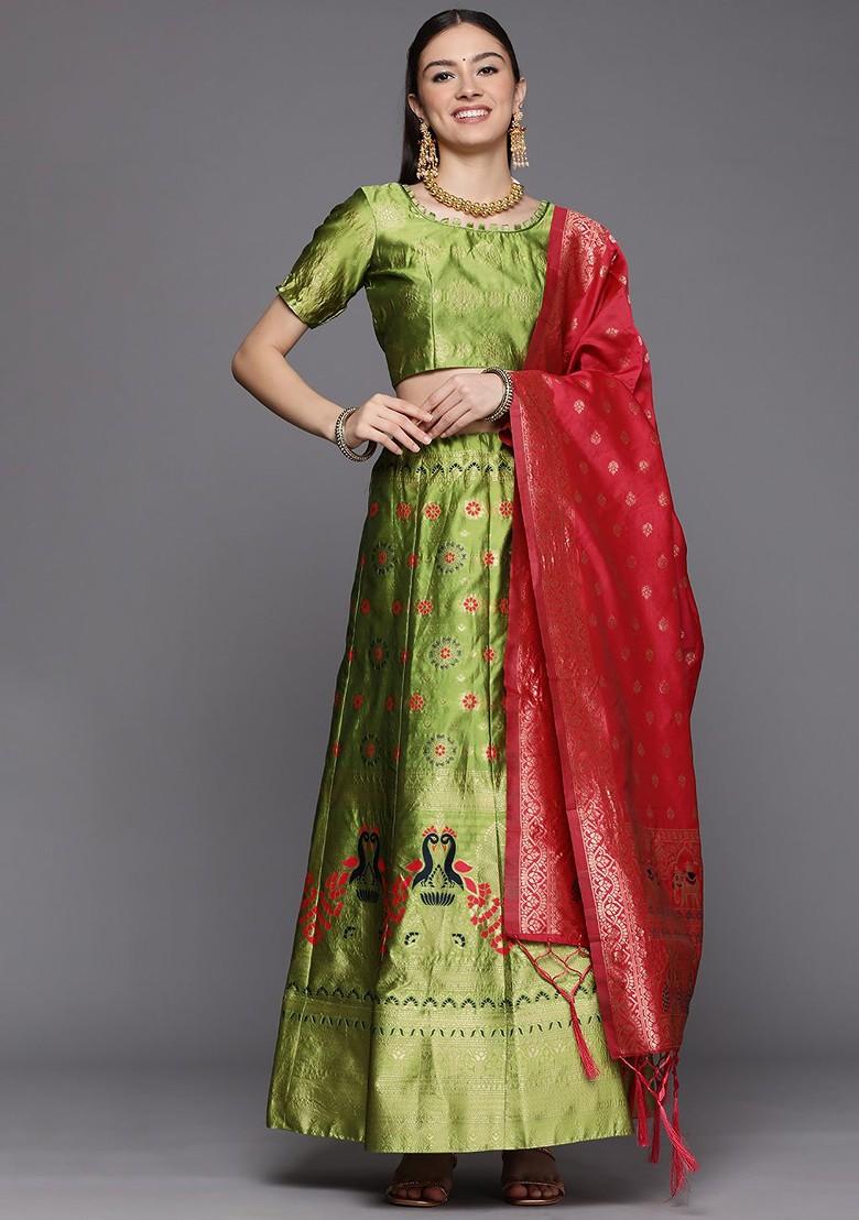 Green Emboridered Blended Lehenga Choli - Indya