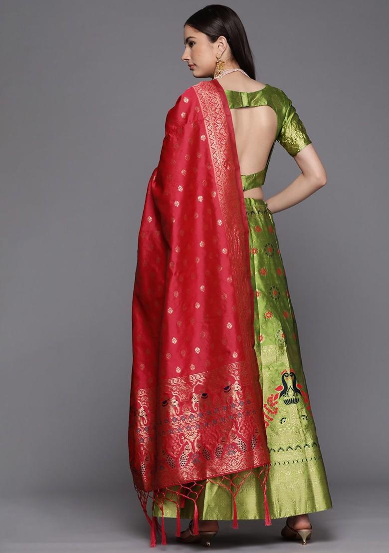 Green Emboridered Blended Lehenga Choli - Indya