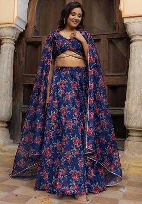 Blue Printed Blended Lehenga Choli