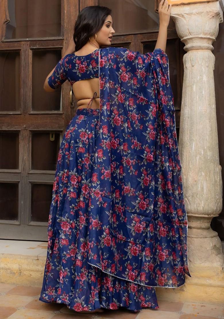 Blue Printed Blended Lehenga Choli