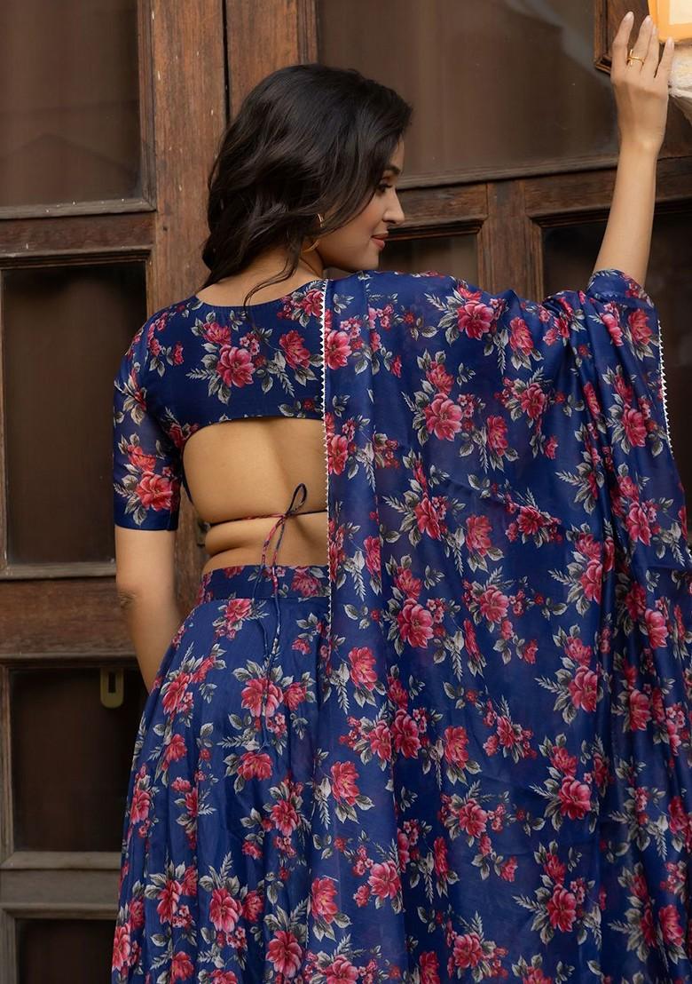 Blue Printed Blended Lehenga Choli
