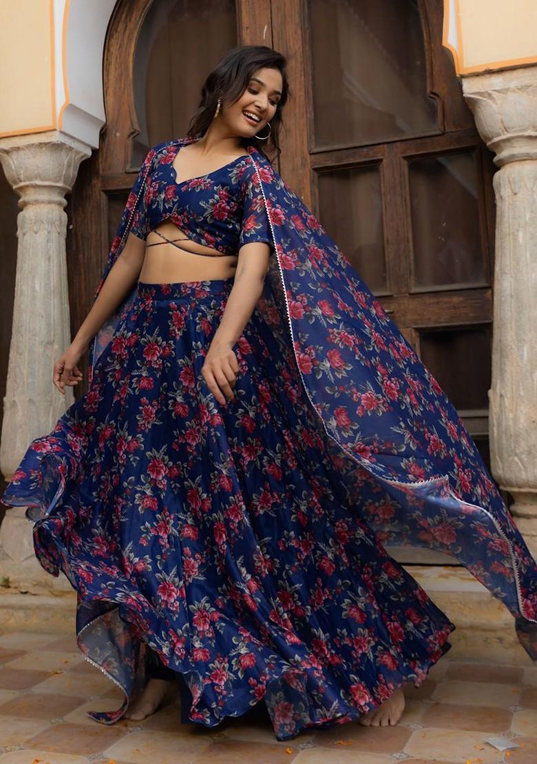 Blue Printed Blended Lehenga Choli