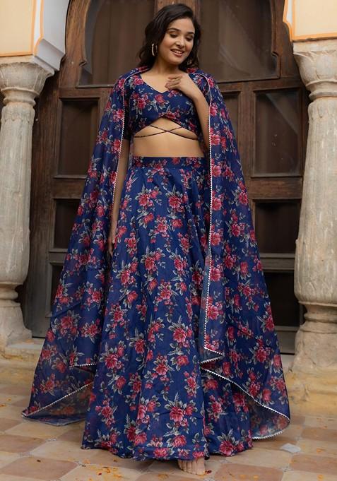Blue Printed Blended Lehenga Choli