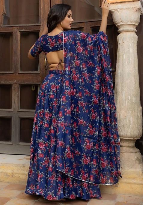 Blue Printed Blended Lehenga Choli