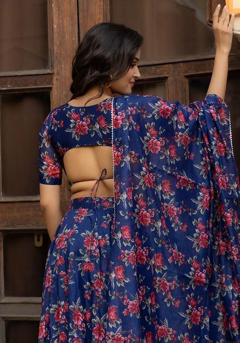 Blue Printed Blended Lehenga Choli