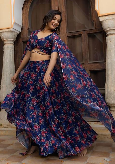 Blue Printed Blended Lehenga Choli