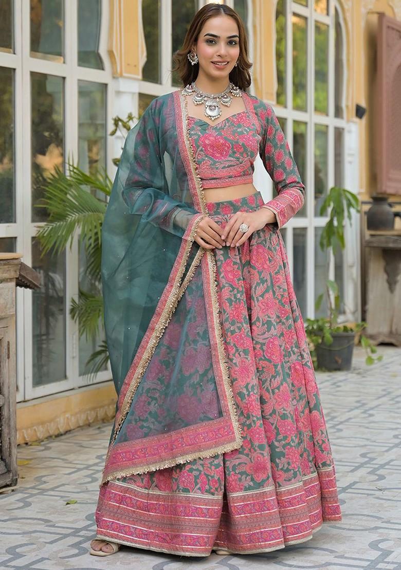Green Printed Blended Lehenga Choli