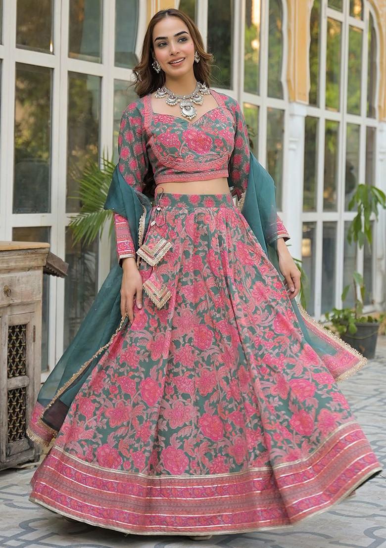 Green Printed Blended Lehenga Choli