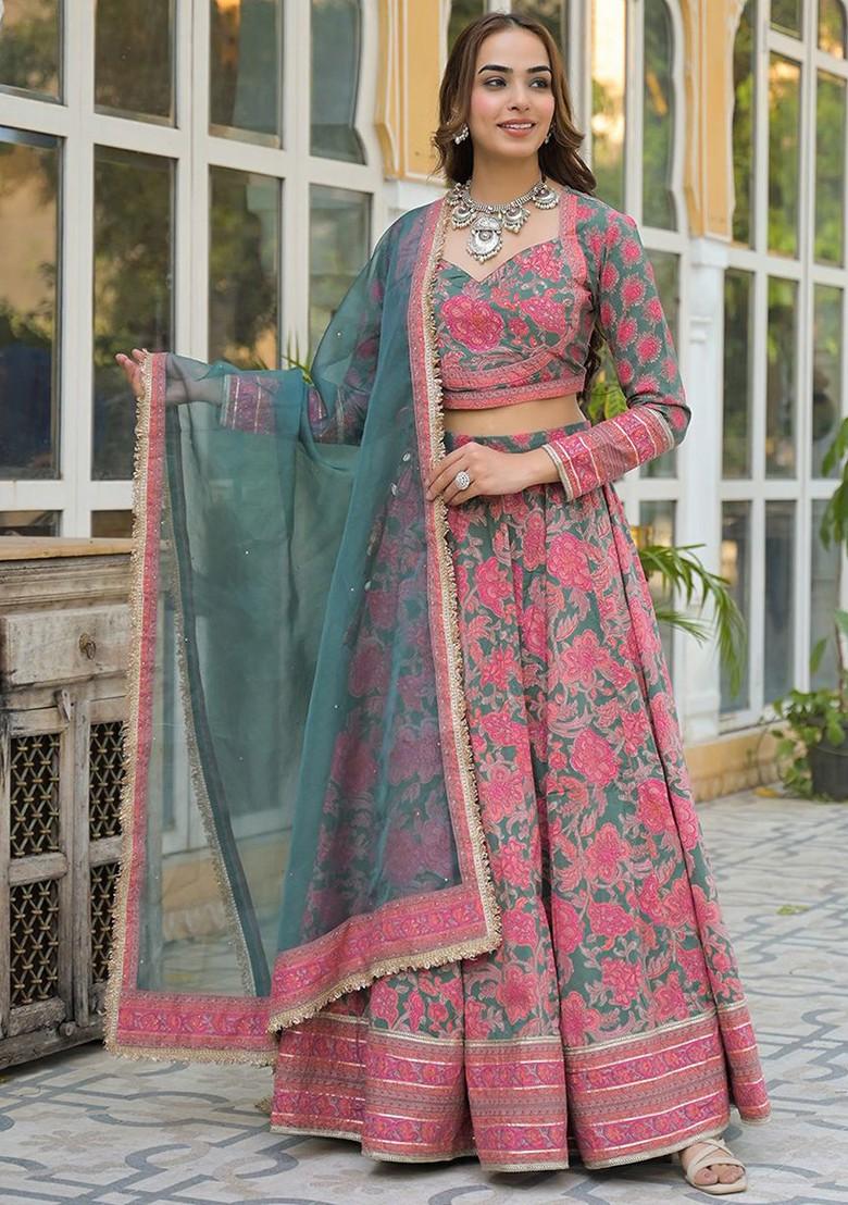 Green Printed Blended Lehenga Choli - Indya
