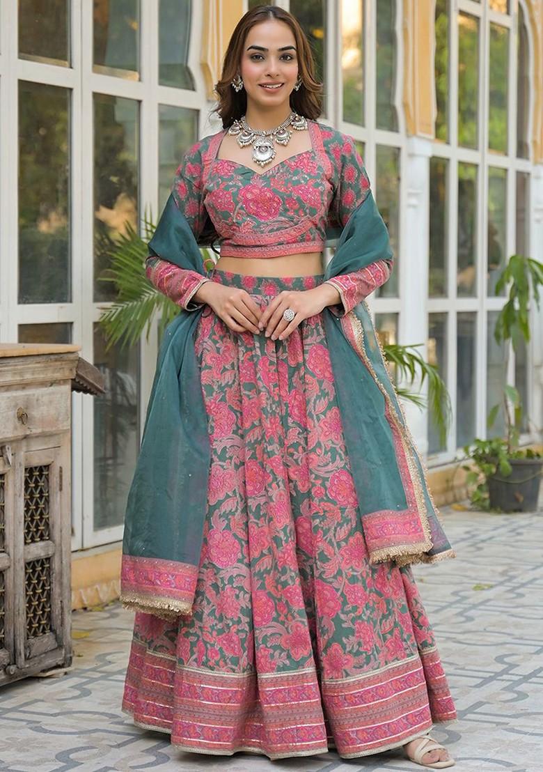 Green Printed Blended Lehenga Choli