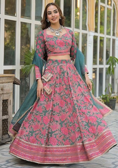 Green Printed Blended Lehenga Choli