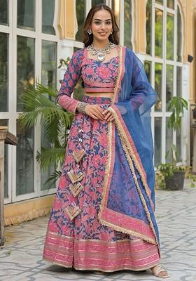Blue Printed Blended Lehenga Choli
