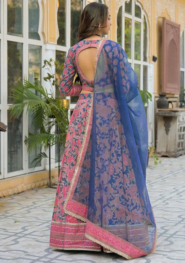 Blue Printed Blended Lehenga Choli - Indya