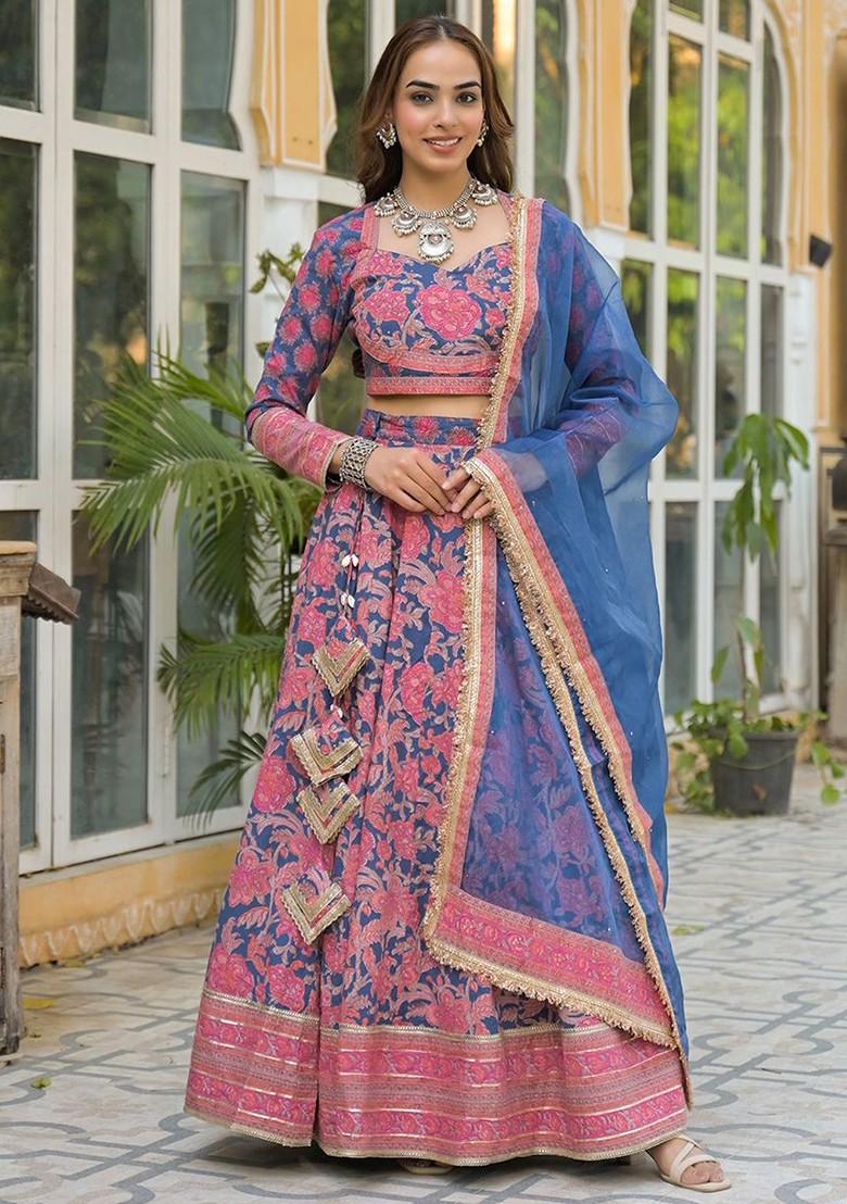 Blue Printed Blended Lehenga Choli - Indya