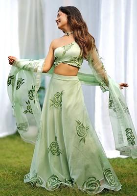 Green Printed Blended Lehenga Choli