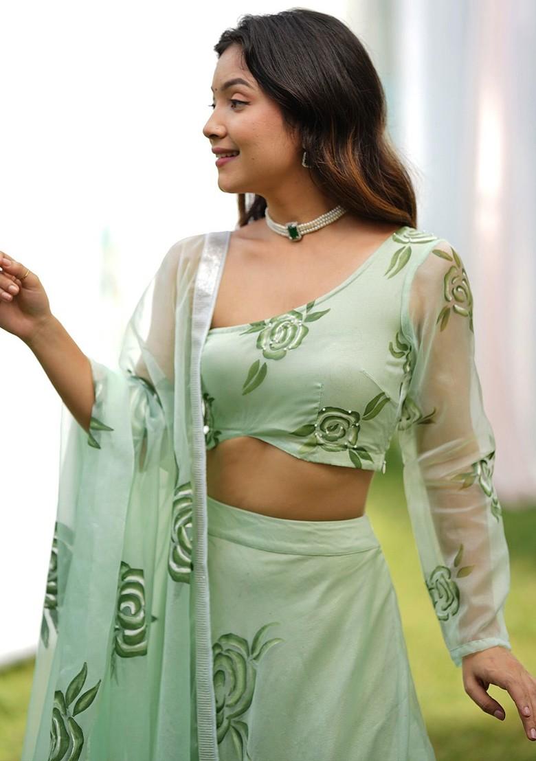 Green Printed Blended Lehenga Choli