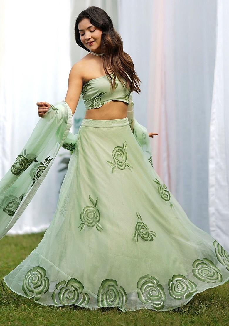 Green Printed Blended Lehenga Choli
