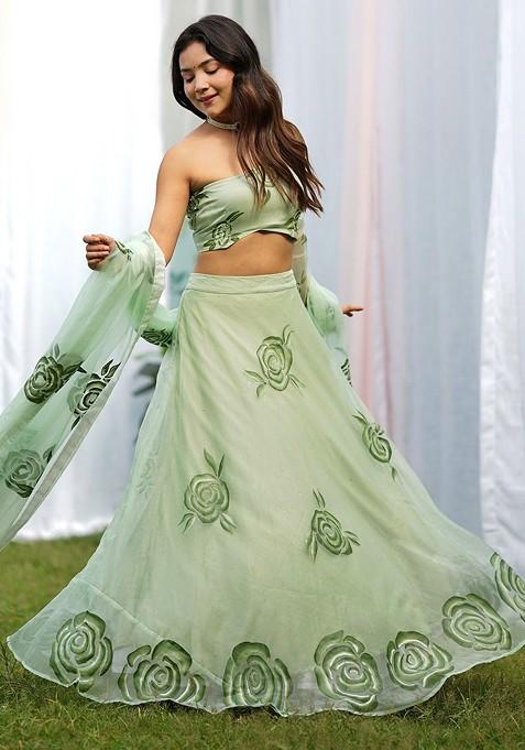 Green Printed Blended Lehenga Choli