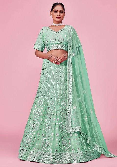 Sea Green Emboridered Blended Lehenga Choli — view on Indya