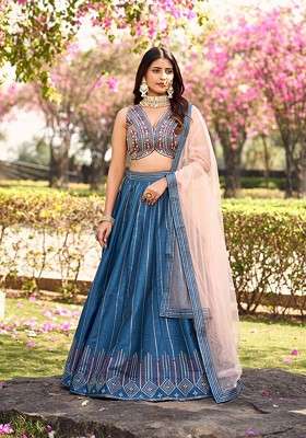 Blue Emboridered Blended Lehenga Choli