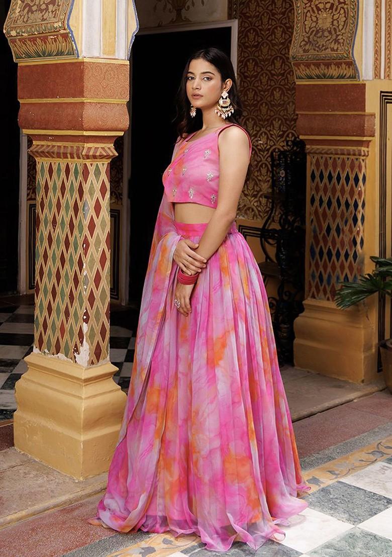 Pink Emboridered Blended Lehenga Choli - Indya
