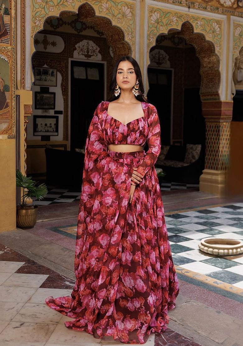 Magenta Printed Blended Lehenga Choli