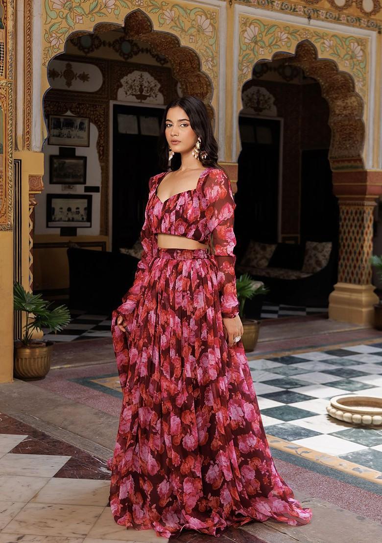 Magenta Printed Blended Lehenga Choli