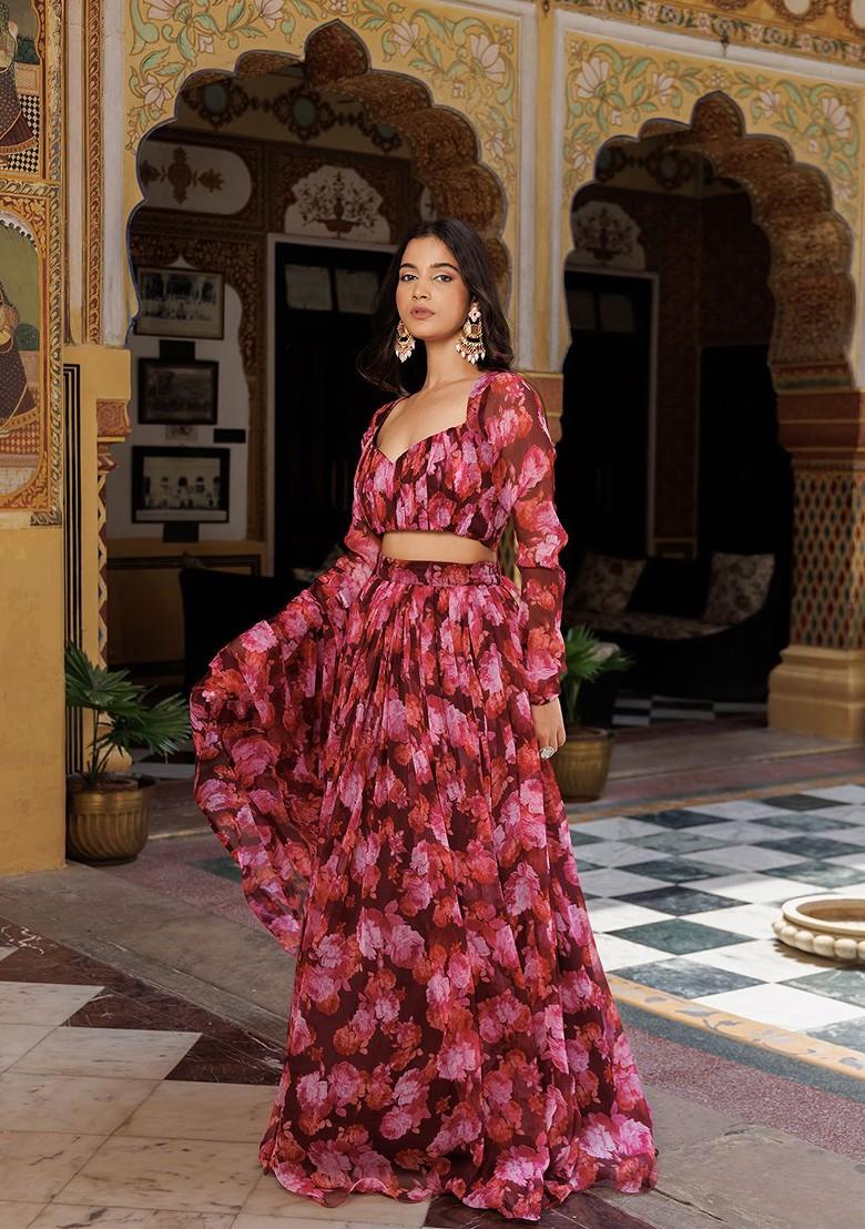 Magenta Printed Blended Lehenga Choli