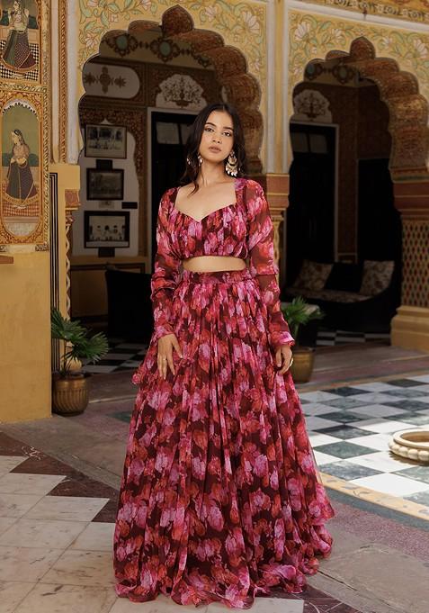 Magenta Printed Blended Lehenga Choli