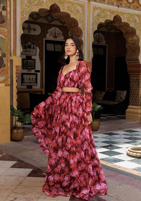 Magenta Printed Blended Lehenga Choli