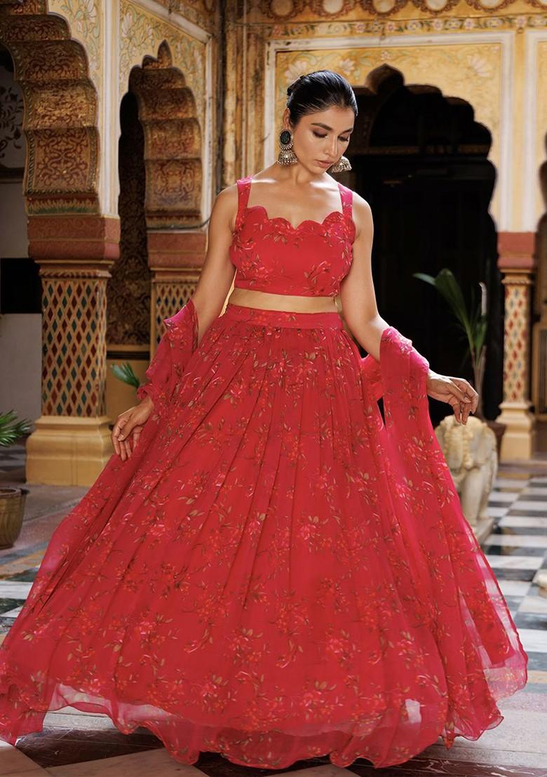 Pink Printed Blended Lehenga Choli - Indya