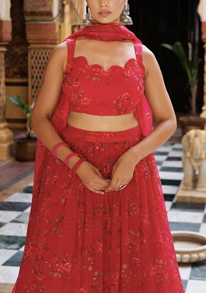 Pink Printed Blended Lehenga Choli