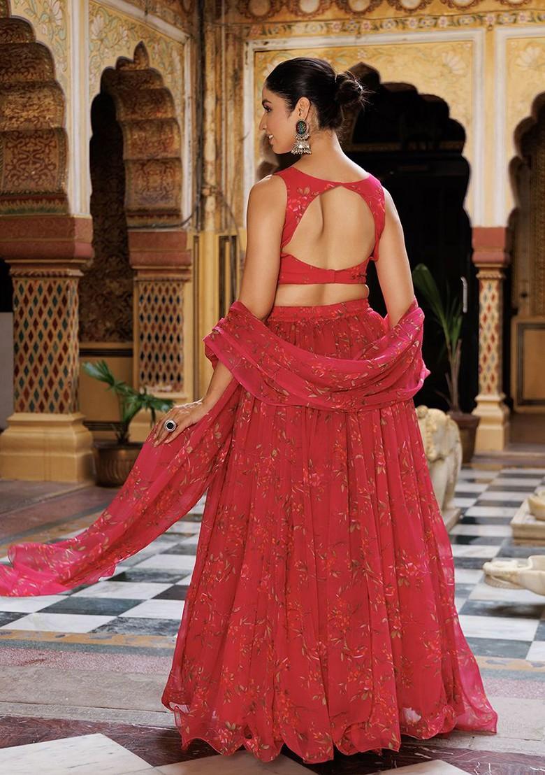 Pink Printed Blended Lehenga Choli - Indya