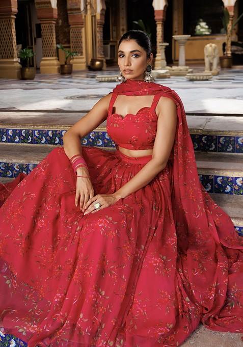 Pink Printed Blended Lehenga Choli