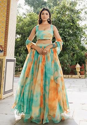 Teal Embellished Blended Lehenga Choli