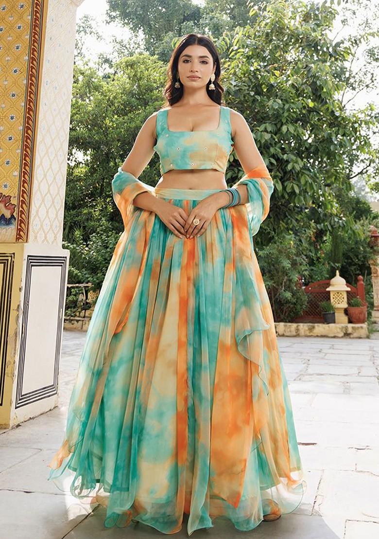 Teal Embellished Blended Lehenga Choli